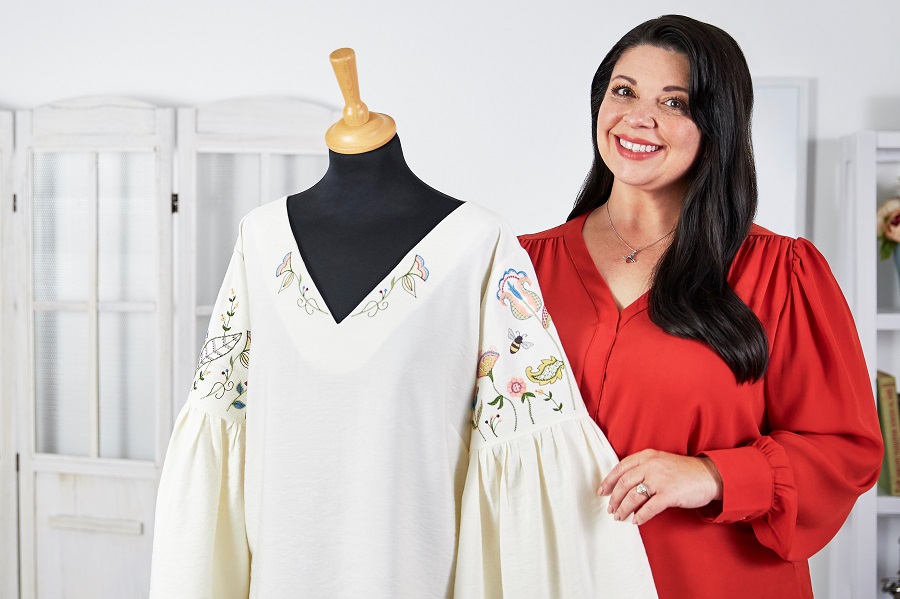 Sue with her flower-embroidered Blouse